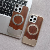 Real Walnut Wood iPhone Case with 360° Magnetic Rotating Metal Stand