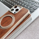 Real Walnut Wood iPhone Case with 360° Magnetic Rotating Metal Stand