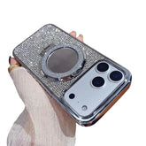 Sparkly Rhinestone Phone Case with Built-In Mirror & Magnetic Stand – Full Protection for iPhone