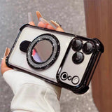 Sparkle Mirror MagSafe Case for iPhone 17 / 16 / 15 — Shockproof Airbag Corners, Glitter Ring Stand, Makeup Mirror Back Cover