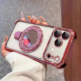 Sparkle Mirror MagSafe Case for iPhone 17 / 16 / 15 — Shockproof Airbag Corners, Glitter Ring Stand, Makeup Mirror Back Cover