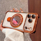 Sparkle Mirror MagSafe Case for iPhone 17 / 16 / 15 — Shockproof Airbag Corners, Glitter Ring Stand, Makeup Mirror Back Cover
