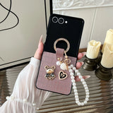 Teddy Charm Case + Pearl Wrist Strap | Croc Texture for Z Flip 3–7