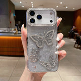Silver Butterfly iPhone 17 Series Sparkle Case – shiny gradient with raised 3D butterflies and slim grip.