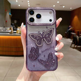 Purple Butterfly iPhone 17 Series Sparkle Case – 3D butterflies, rhinestone frame, elegant design.