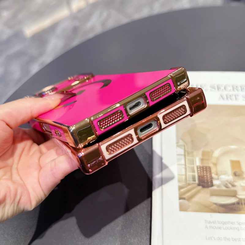 Bottom view of FANGCASE iPhone 17 Pro Max Heart Magnetic Cases in Berry Red and Blush Pink with precision dustproof mesh.