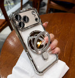 Sparkle Mirror MagSafe Case for iPhone 17 / 16 / 15 — Shockproof Airbag Corners, Glitter Ring Stand, Makeup Mirror Back Cover