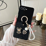 Teddy Charm Case + Pearl Wrist Strap | Croc Texture for Z Flip 3–7