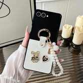 Teddy Charm Case + Pearl Wrist Strap | Croc Texture for Z Flip 3–7