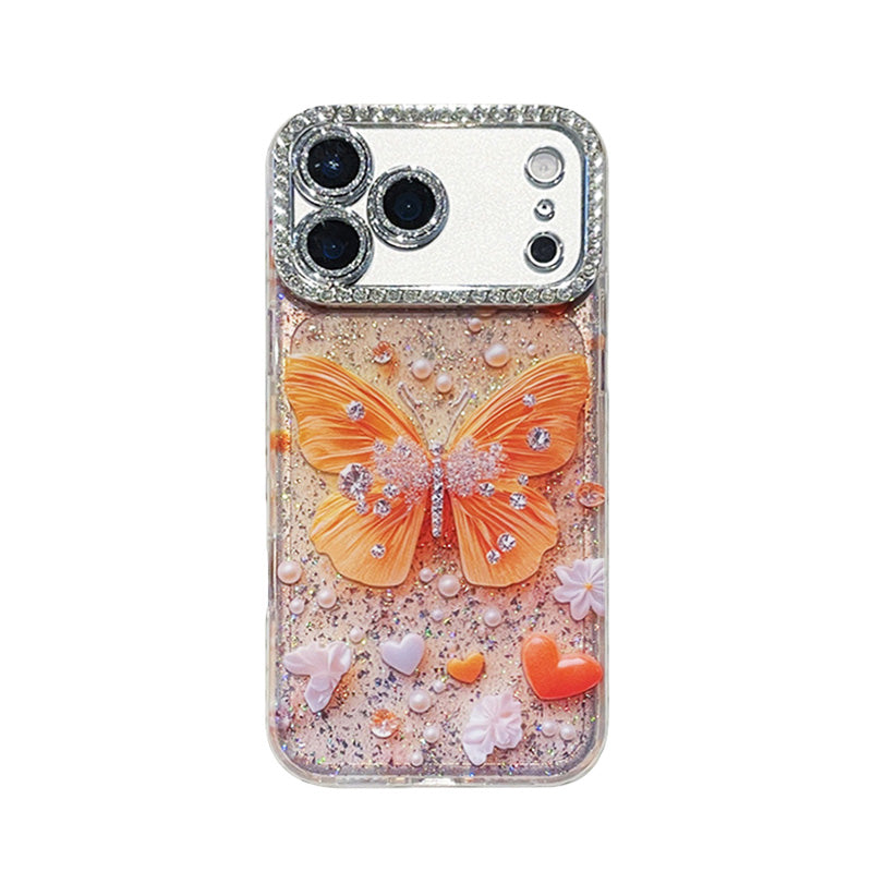 Rhinestone Orange Butterfly iPhone 17 Pro Max Case Heart-Shaped iPhone 16 Full-Cover Sparkling Case