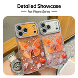 Rhinestone Orange Butterfly iPhone 17 Pro Max Case Heart-Shaped iPhone 16 Full-Cover Sparkling Case