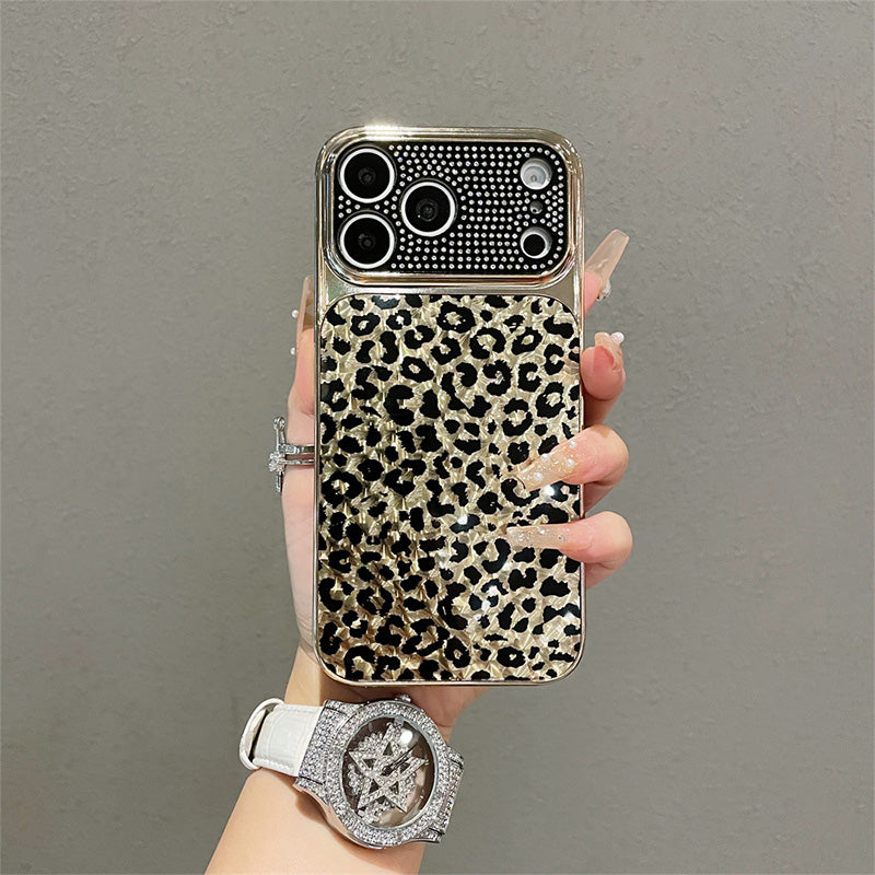 Leopard Print Crystal Phone Case – Electroplated Edge Full-Cover Protective Case for Women