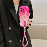 Soft Pink Gradient Silicone iPhone Case with Wrist Strap – Glossy & Shockproof