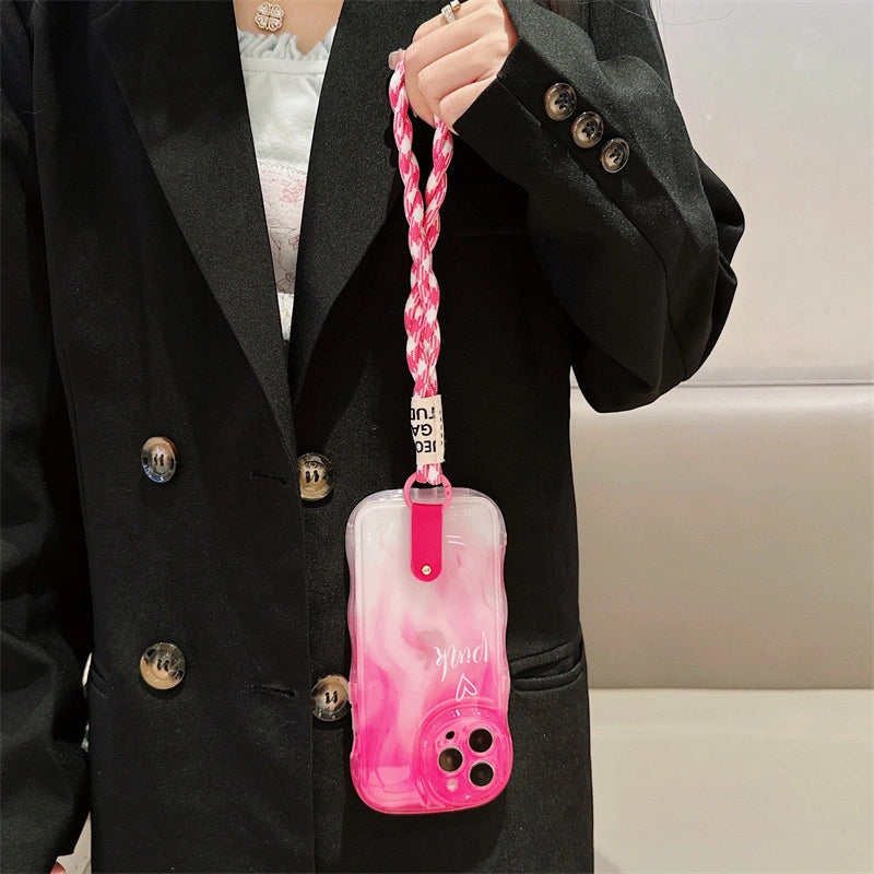 Soft Pink Gradient Silicone iPhone Case with Wrist Strap – Glossy & Shockproof