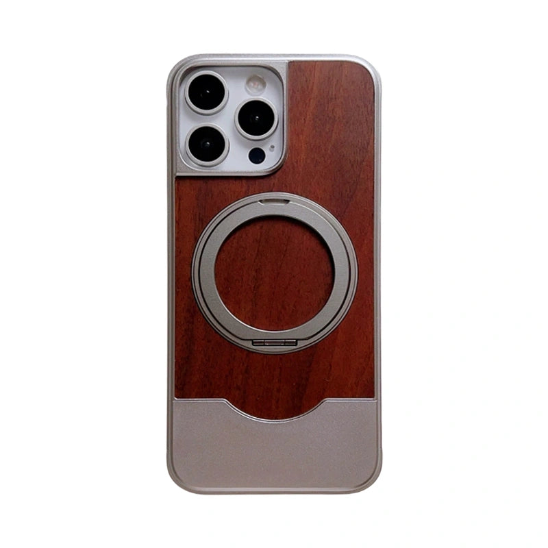 Real Walnut Wood iPhone Case with 360° Magnetic Rotating Metal Stand