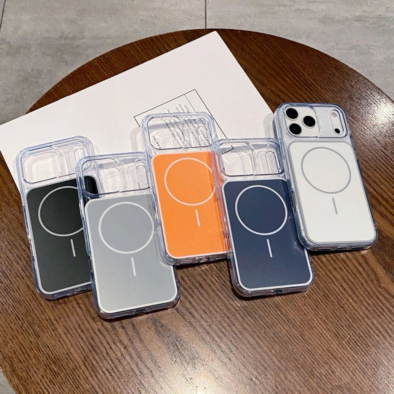 FANGCASE full collection of iPhone 17 Pro Max magnetic clear cases in black, gray, orange, navy, and white.