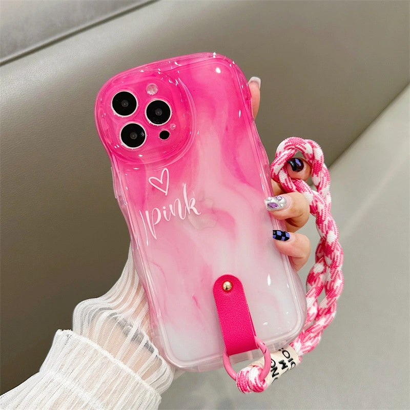 Soft Pink Gradient Silicone iPhone Case with Wrist Strap – Glossy & Shockproof