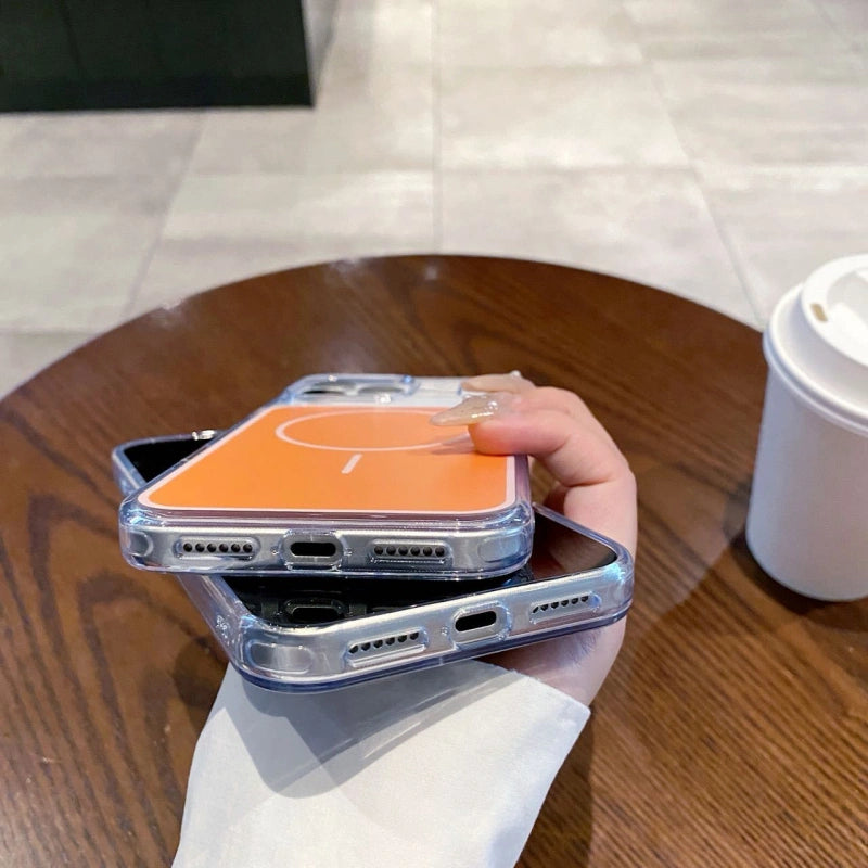 FANGCASE magnetic clear iPhone 17 Pro Max cases in orange and black, showing precise cutouts and slim protective design.