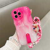 Soft Pink Gradient Silicone iPhone Case with Wrist Strap – Glossy & Shockproof