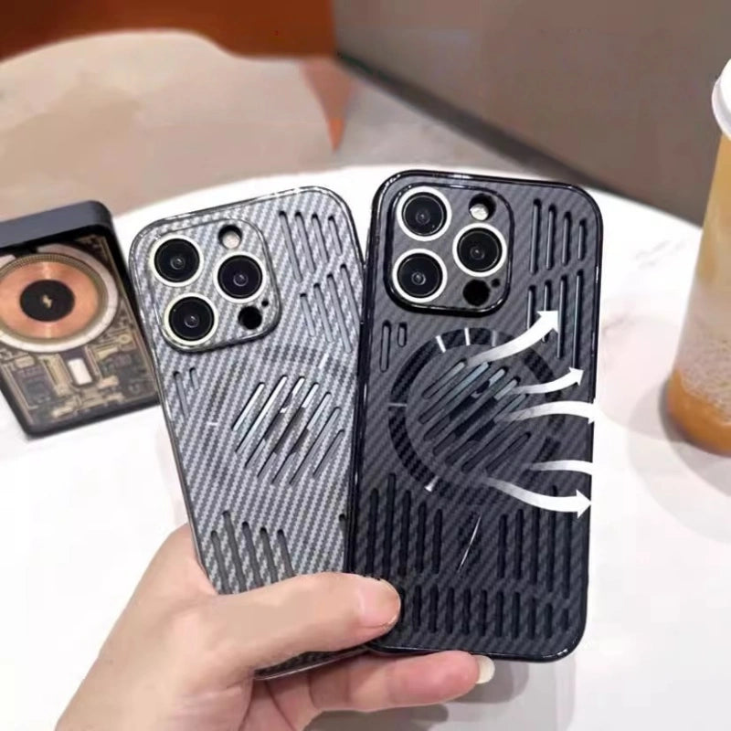 MagSafe iPhone Case with Carbon Fiber Texture & Cooling Vents – Slim PC Shell