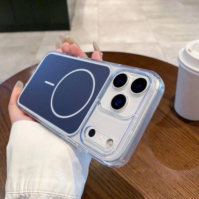 FANGCASE navy blue magnetic clear case for iPhone 17 Pro Max, stylish anti-fall design with MagSafe charging support.
