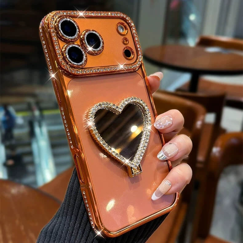 Crystal Heart Mirror Stand iPhone Case – Glam Style & Full Protection