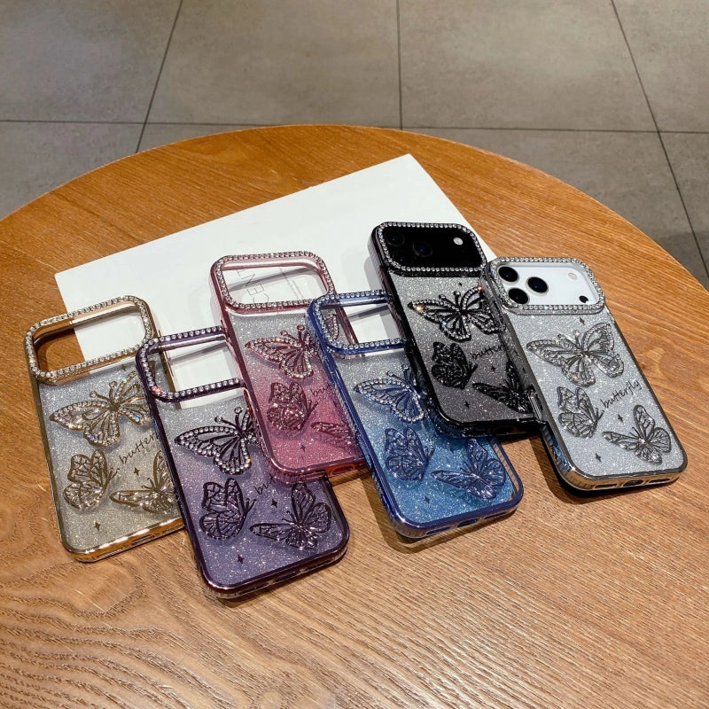 FANGCASE Butterfly Sparkle iPhone 17 Case in full color range — gold, pink, purple, blue, black, silver. Glitter design with 3D butterflies and rhinestone frame.
