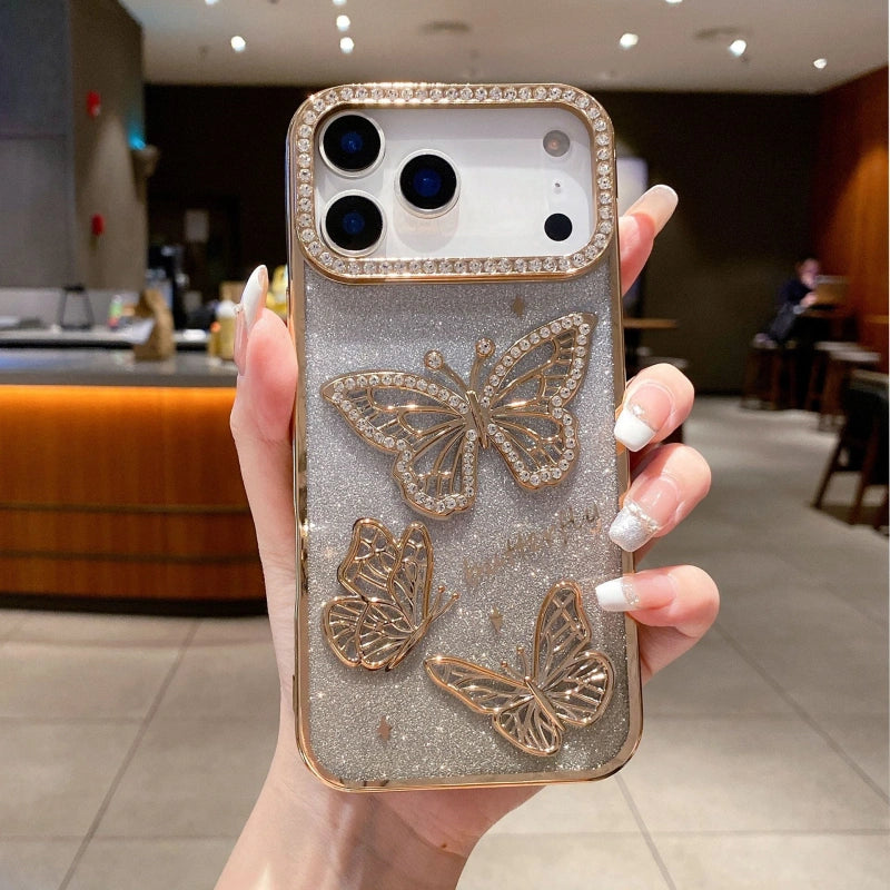 Gold Butterfly iPhone 17 Series Sparkle Case – glitter rhinestone butterfly design with full protection.