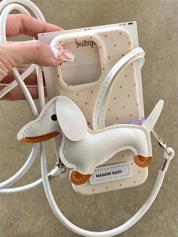 Cute Lambskin Polka Dot iPhone Case with Dachshund Clip & Strap