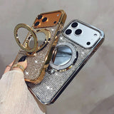 Sparkly Rhinestone Phone Case with Built-In Mirror & Magnetic Stand – Full Protection for iPhone
