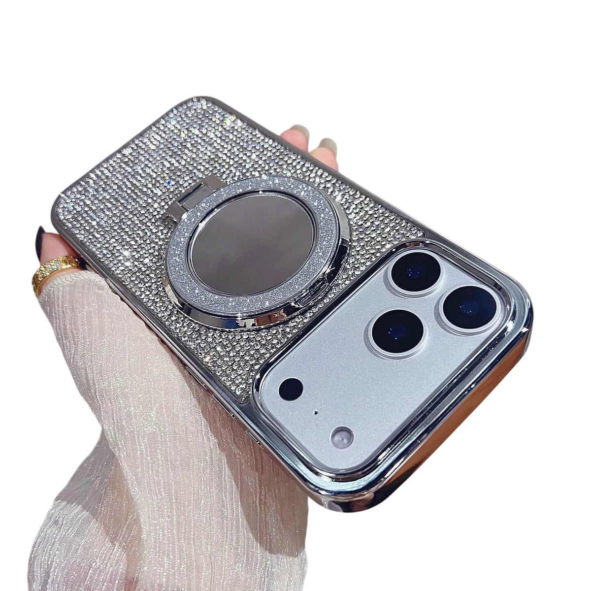 Sparkly Rhinestone Phone Case with Built-In Mirror & Magnetic Stand – Full Protection for iPhone