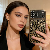 Leopard Print Crystal Phone Case – Electroplated Edge Full-Cover Protective Case for Women