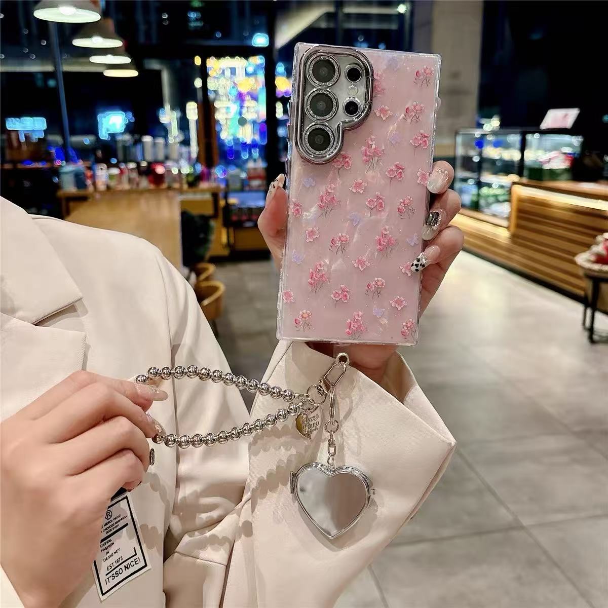 Cute Floral Phone Case with Pearl Gloss Back & Camera Stand – Full-Cover Protection