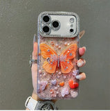 Rhinestone Orange Butterfly iPhone 17 Pro Max Case Heart-Shaped iPhone 16 Full-Cover Sparkling Case
