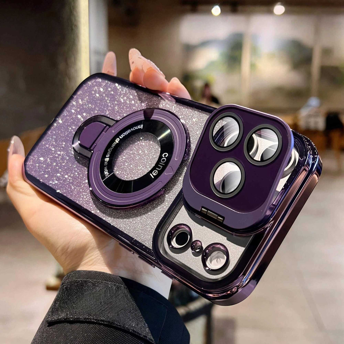 Dual Stand Magnetic iPhone Case – Glitter Finish & Full Camera Protection