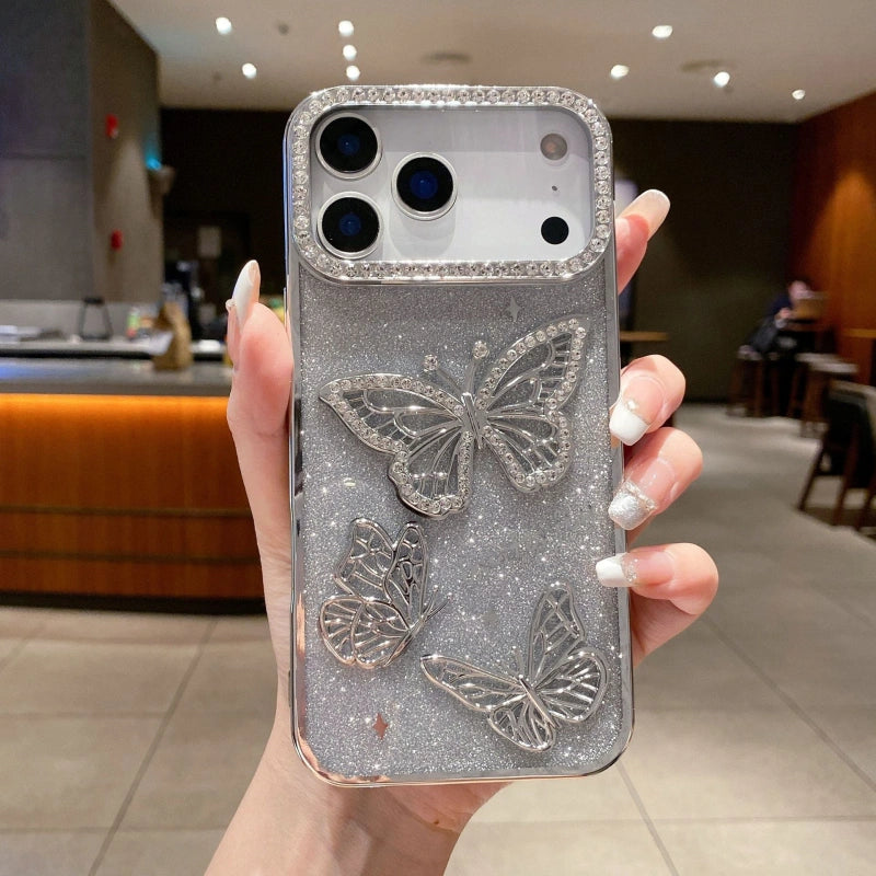Silver Butterfly iPhone 17 Series Sparkle Case – shiny gradient with raised 3D butterflies and slim grip.