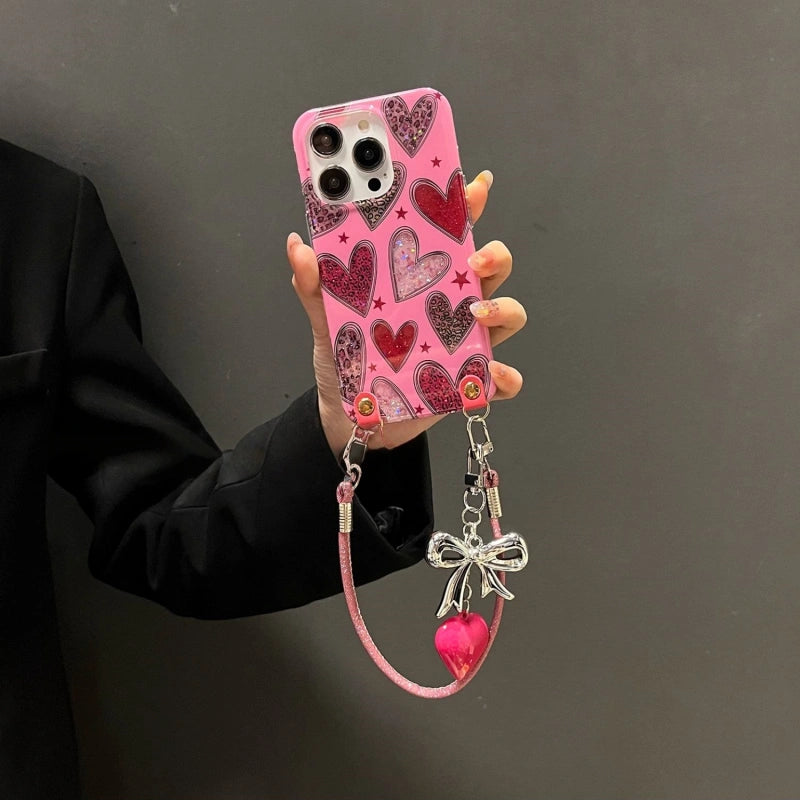 Hot Pink Glitter Leopard Heart Case – Hand & Crossbody Strap