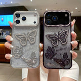 Close-up of silver and black Butterfly Sparkle iPhone 17 Series Case, showing raised 3D butterflies and rhinestone accents.
