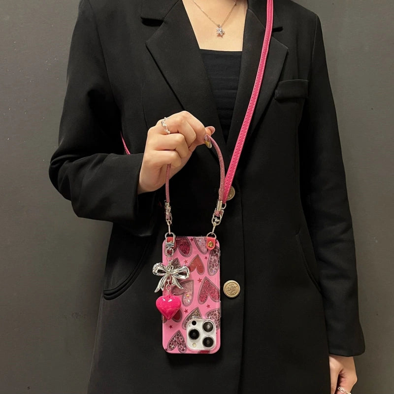 Hot Pink Glitter Leopard Heart Case – Hand & Crossbody Strap