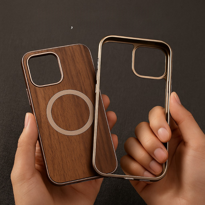Eco Walnut Wood  iPhone Case with MagSafe Ring & Metal Frame