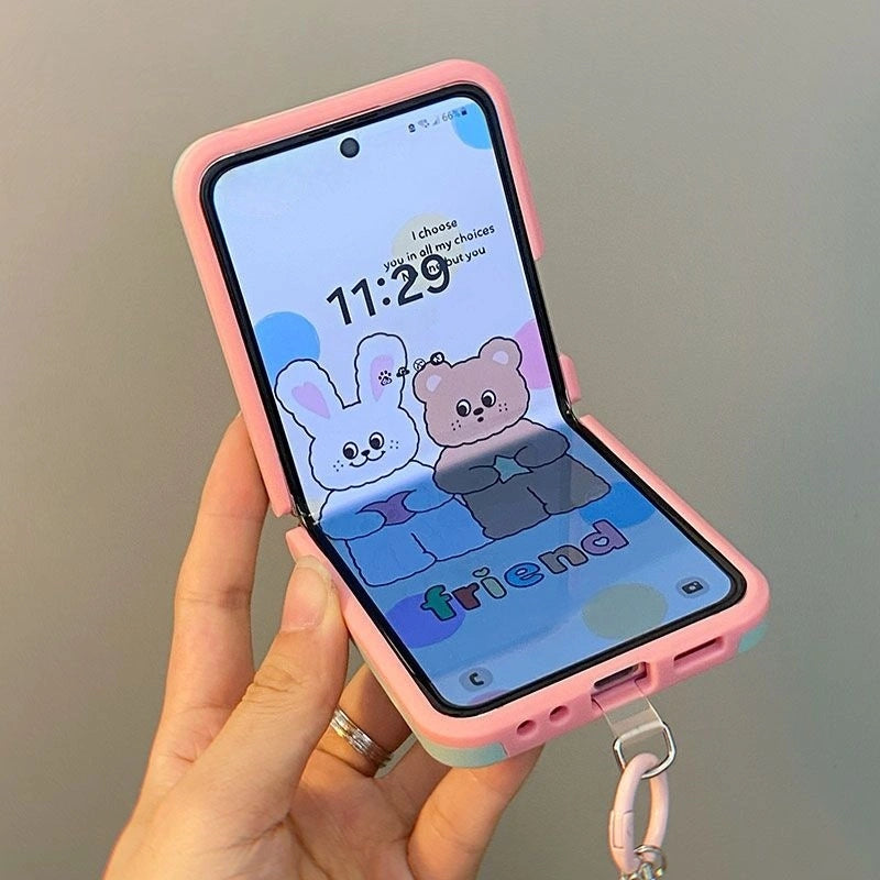 Cute Color-Block Z Flip Case with Beaded Chain | Shockproof & Giftable
