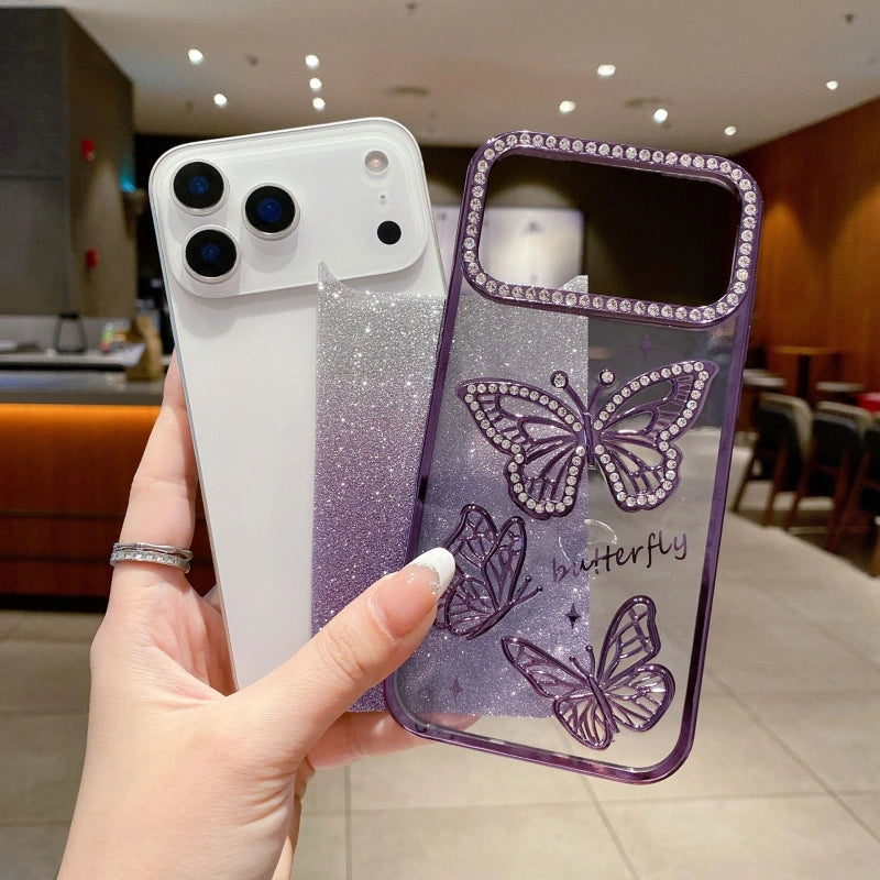 Purple Butterfly Sparkle iPhone 17 Series Case shown off the phone, with glitter gradient and rhinestone butterfly accents.