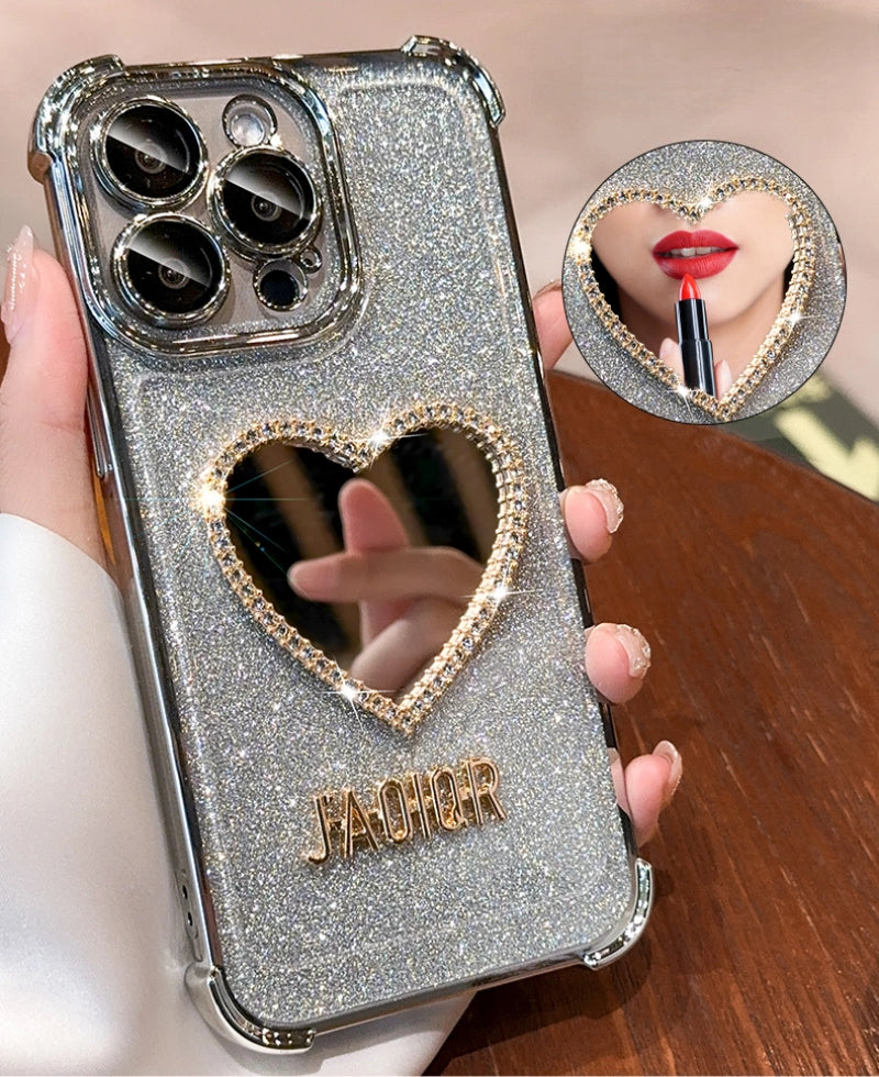 Sparkling Heart Mirror iPhone Case – Glitter & Rhinestone Design