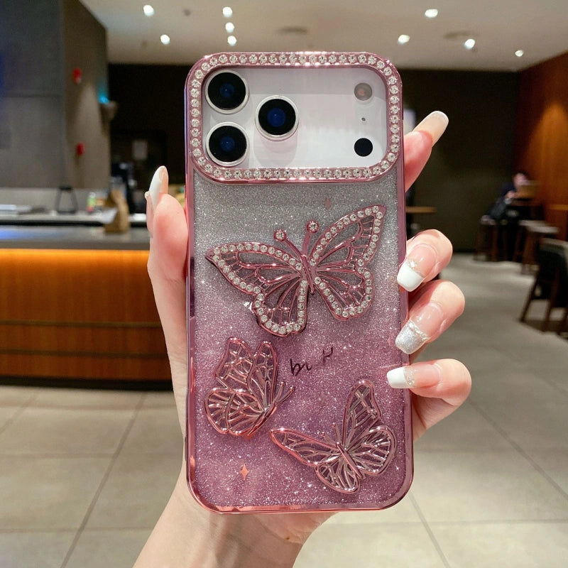 Pink Butterfly iPhone 17 Series Sparkle Case – soft gradient sparkle with rhinestone butterflies.