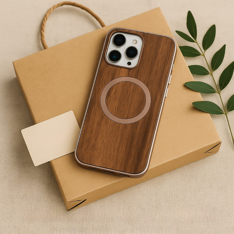 Eco Walnut Wood  iPhone Case with MagSafe Ring & Metal Frame