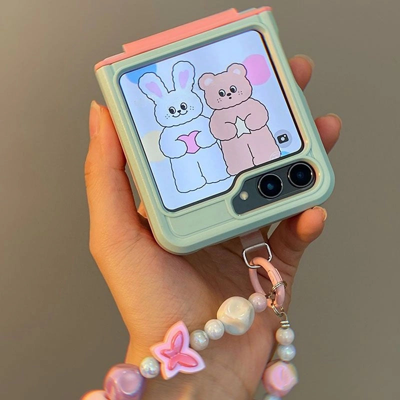 Cute Color-Block Z Flip Case with Beaded Chain | Shockproof & Giftable