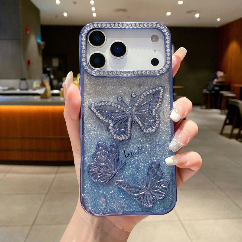 Blue Butterfly iPhone 17 Series Sparkle Case – shimmering glitter base with 3D butterfly details.