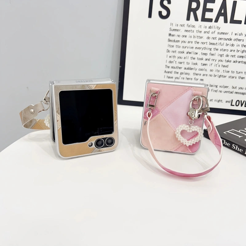 Galaxy Z Flip Pearl Heart Handle Case – Patchwork Protective Mini Bag