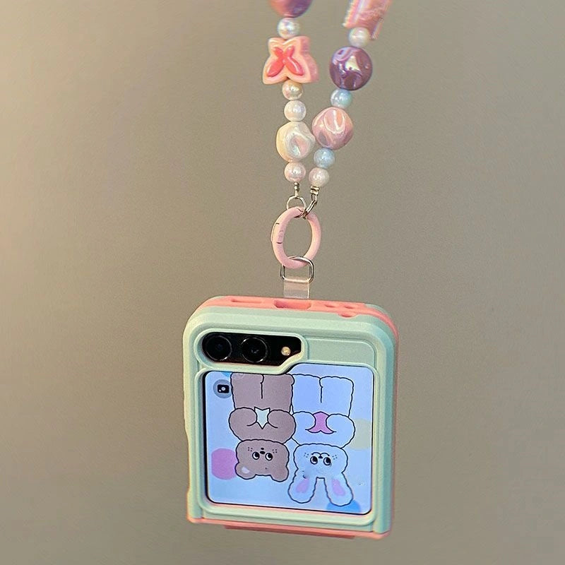 Cute Color-Block Z Flip Case with Beaded Chain | Shockproof & Giftable