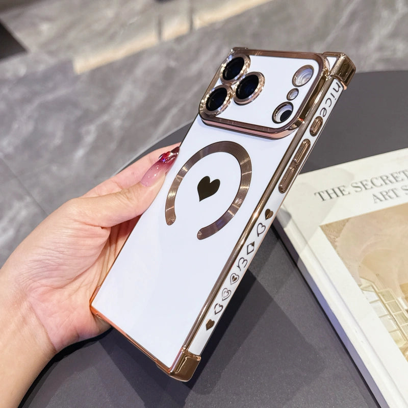 FANGCASE iPhone 17 Pro Max Heart Magnetic Case in Pure White, MagSafe compatible with heart-ring design and durable shine.